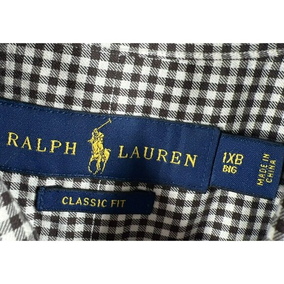 Ralph Lauren Mens Shirt 1XB Big Brown White Micro Check Blue Pony Long Sleeves - Picture 3 of 8